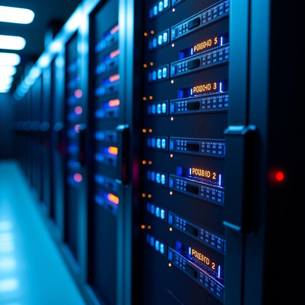 A detailed close-up of high-performance GPU server units connected by glowing high-speed fiber optic cables. The image conveys powerful computing and networking capabilities in a professional environment. 4:3