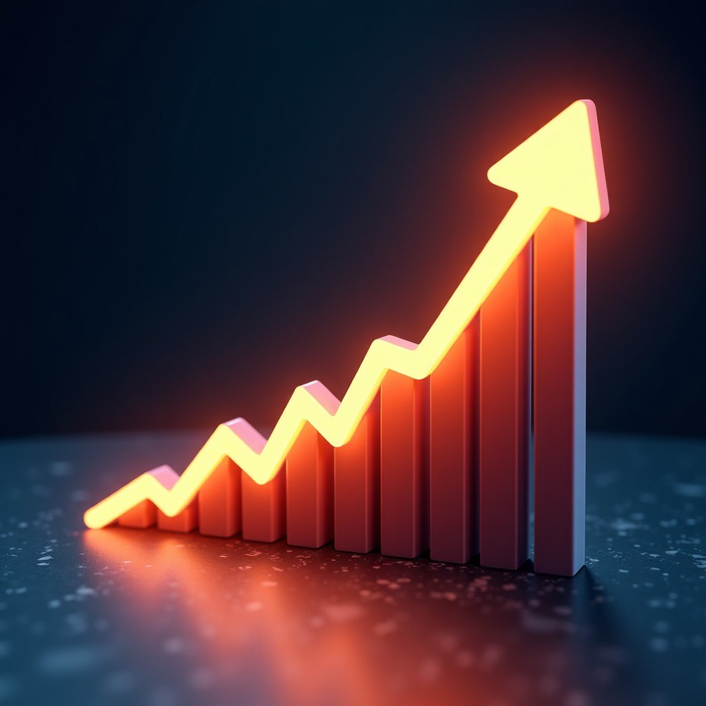 A 3D abstract financial growth chart with glowing lines ascending rapidly against a dark tech background, symbolizing high revenue growth, professional business aesthetic, 4:3