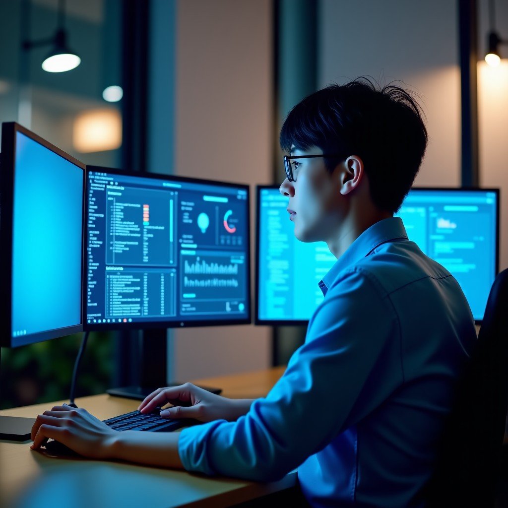 A professional cybersecurity analyst of Korean descent looking at multiple high-resolution monitors filled with data visualizations and security alerts. The office is modern with soft ambient lighting. 4:3