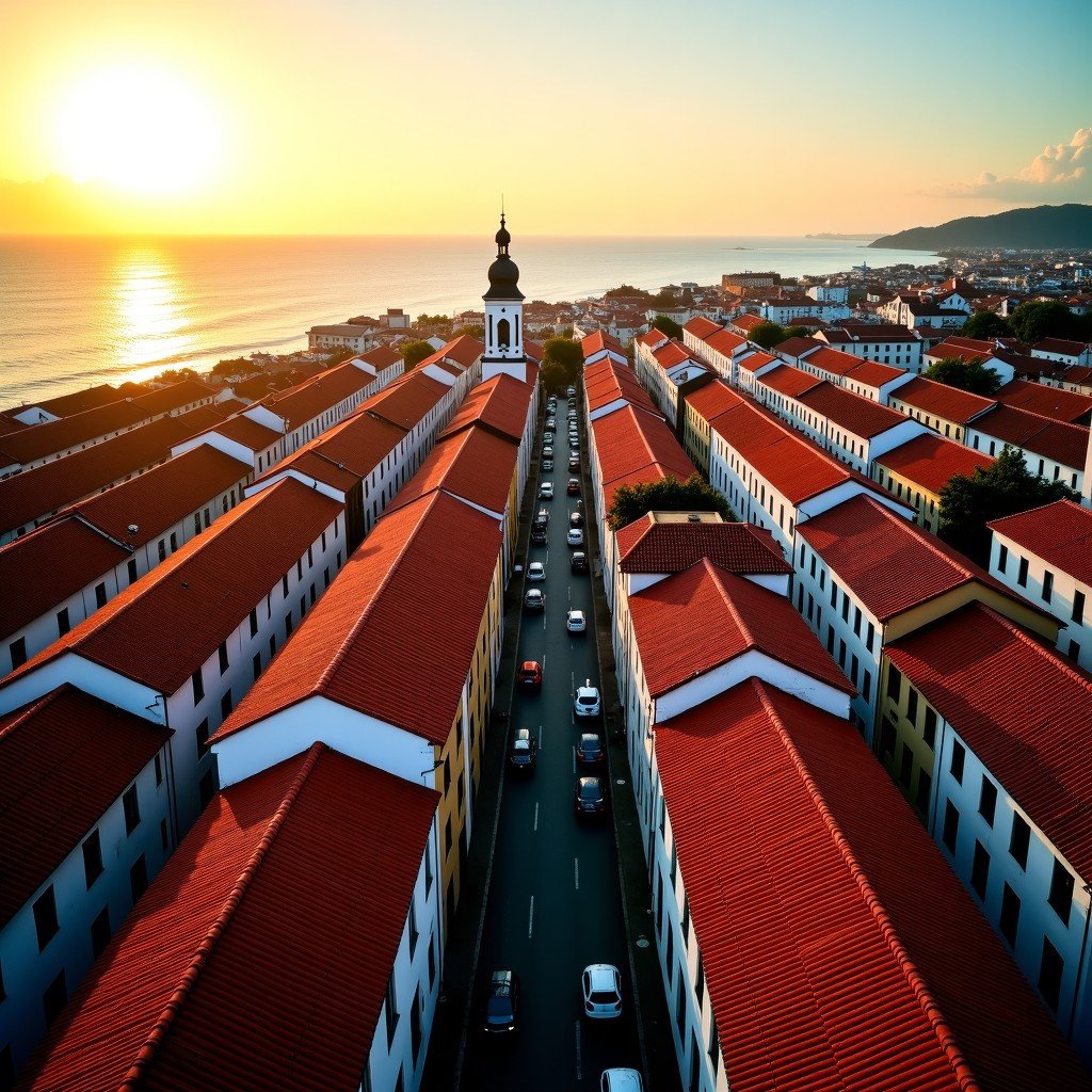 High angle view of the Historic Centre of Salvador de Bahia, red tile roofs of colonial buildings, turquoise ocean in the distance, cinematic sunset glow, 4:3