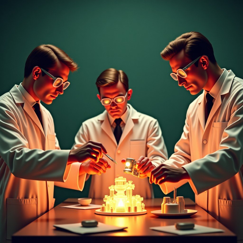 Scientists in a retro 1950s laboratory examining glowing complex alien technological components with advanced futuristic patterns. 4:3