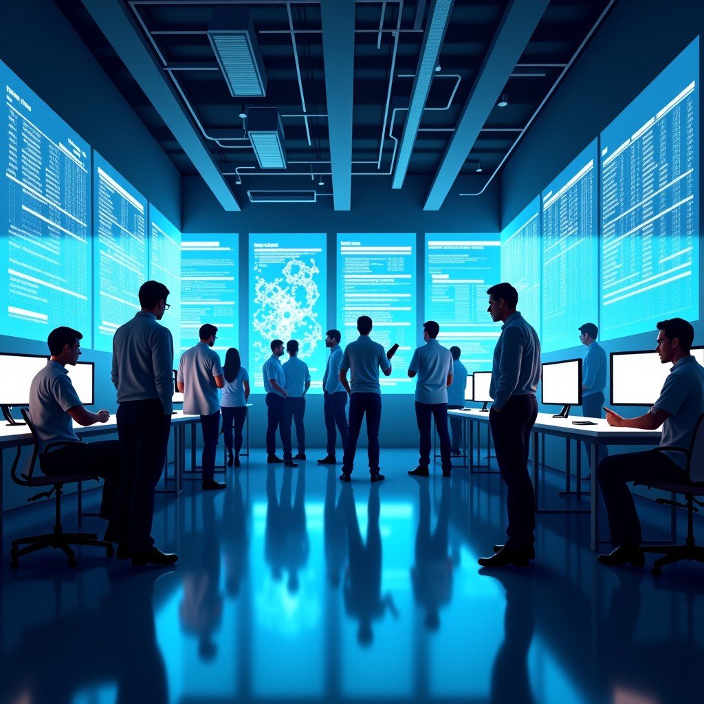 A diverse group of data scientists working together in a sleek glass-walled laboratory, glowing screens with neural network visualizations, collaborative and focused environment, realistic style, 4:3