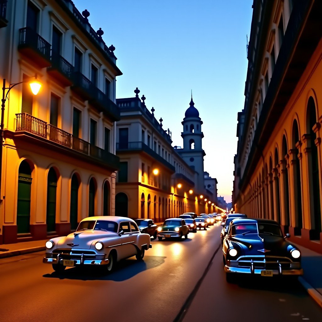A street in Havana Cuba with vintage cars and historical buildings during twilight subtle lighting reflecting an energy crisis atmosphere 4:3