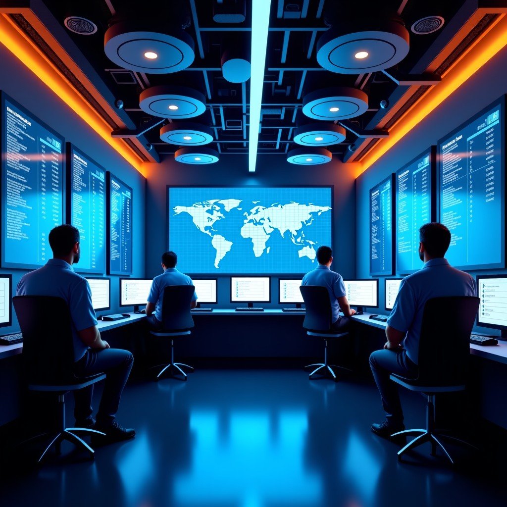 A modern server room with technicians monitoring large screens showing data migration progress, blue and orange ambient lighting, high-tech infrastructure, realistic photography style, 4:3