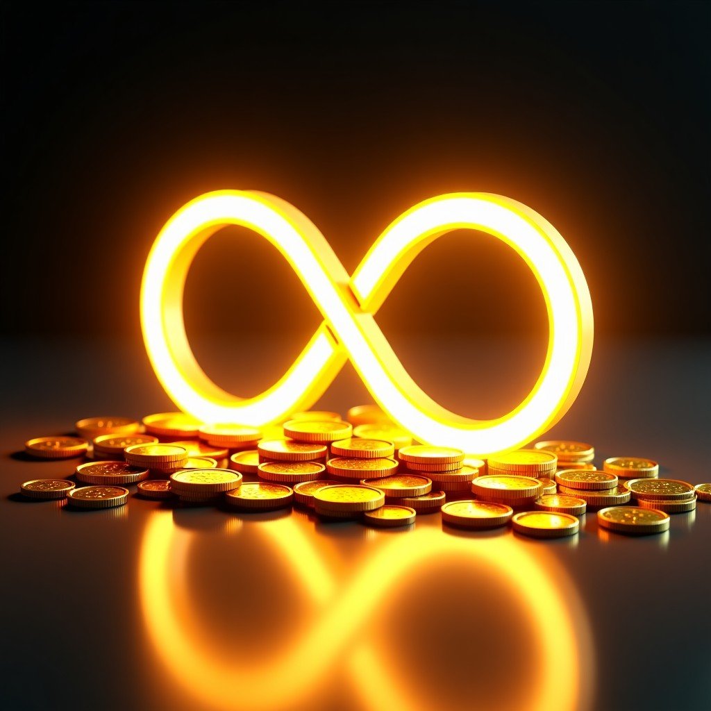Conceptual art representing terminal value and infinite business growth, featuring a glowing infinity symbol integrated with digital golden coins and data streams. High contrast, professional 3D rendering, 1:1