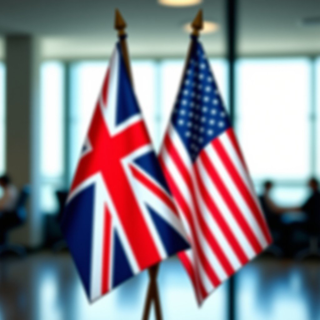 The Union Jack and the US flag standing side by side in a professional setting, blurred office background, high resolution, 4:3