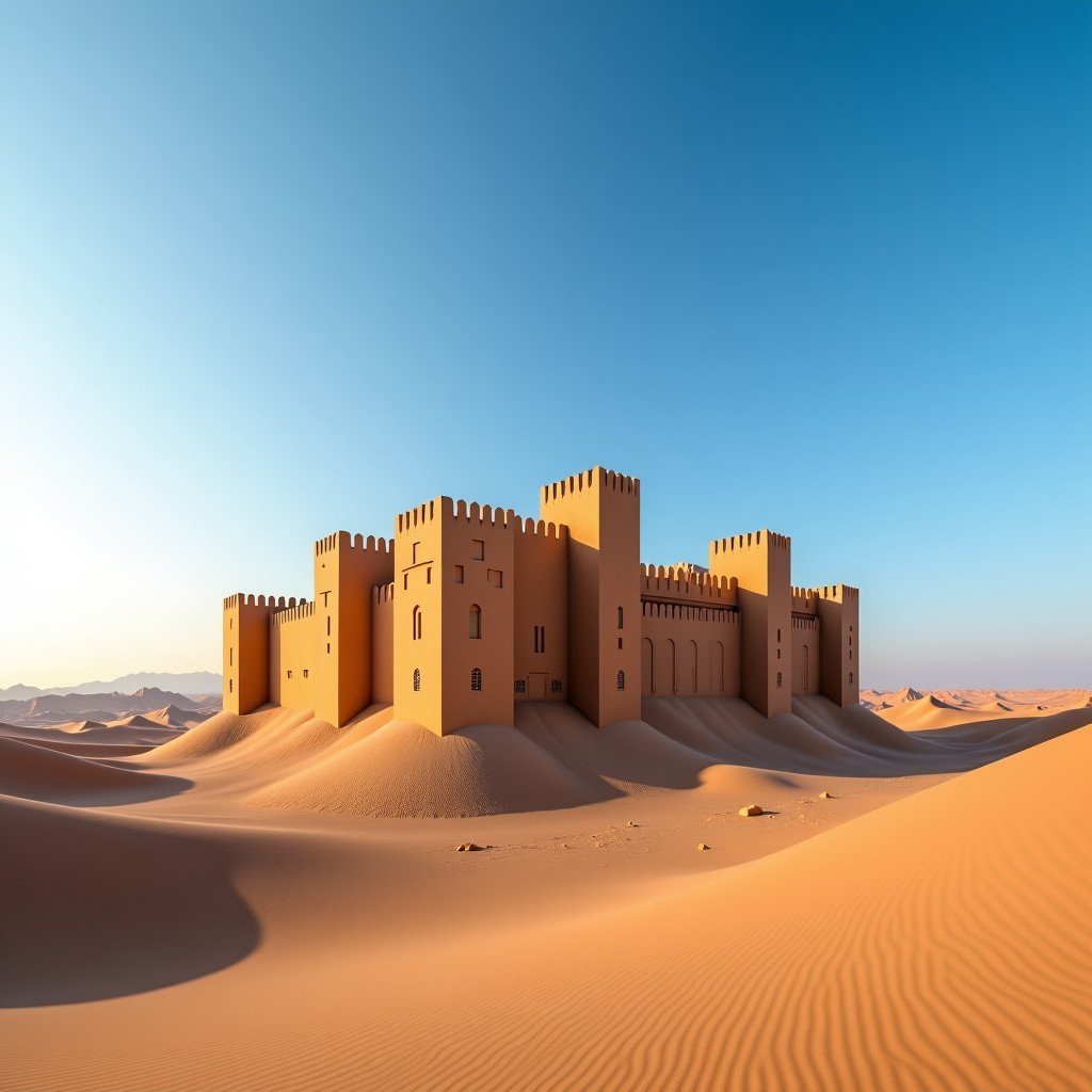 A panoramic wide shot of the majestic Bahla Fort in Oman made of mud bricks, standing tall against a clear blue sky and desert landscape, architectural masterpiece, warm natural lighting, 4:3