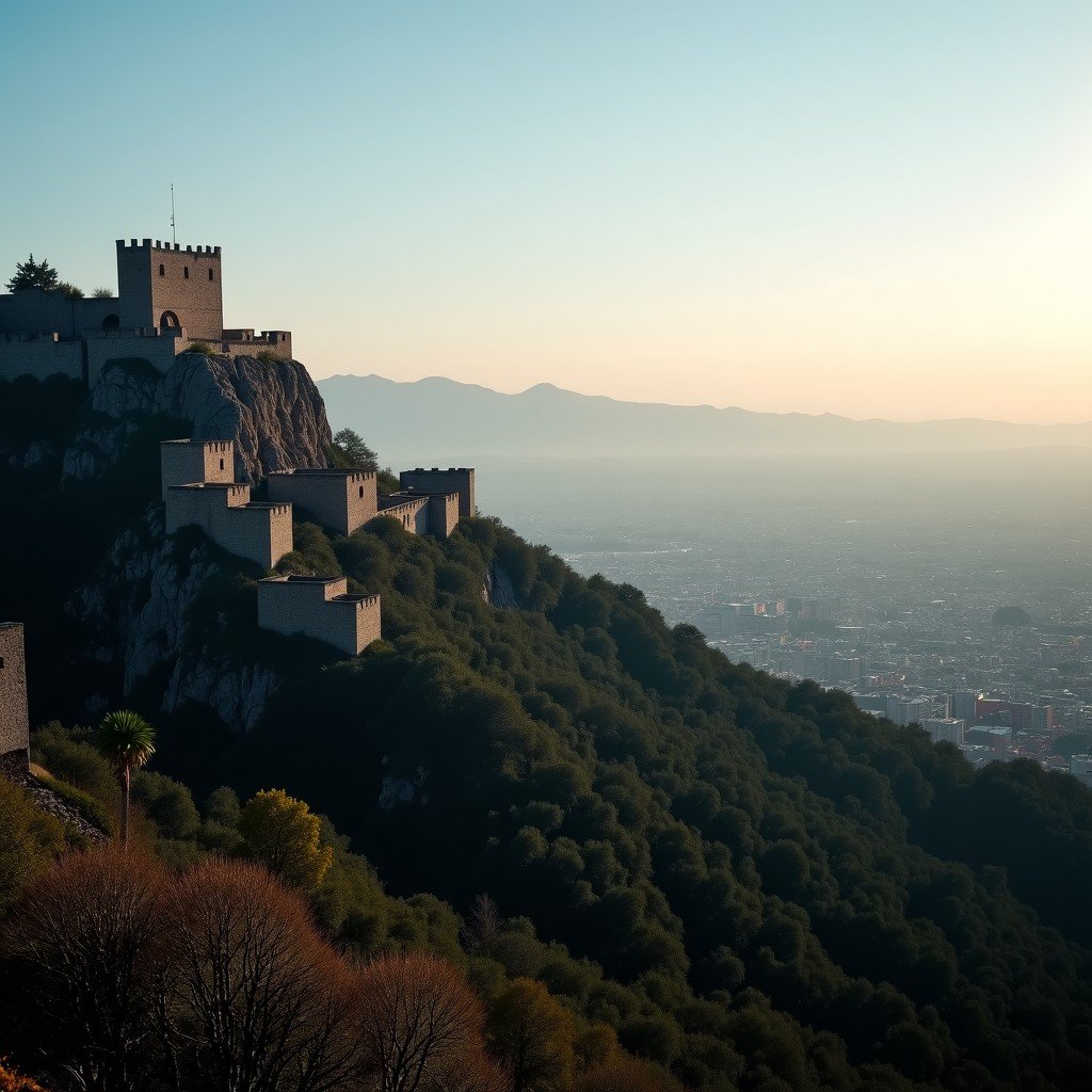 Panoramic view of Mount Naranco overlooking the city of Oviedo, ancient monuments in the foreground, modern city in the distance, cinematic lighting, 4:3