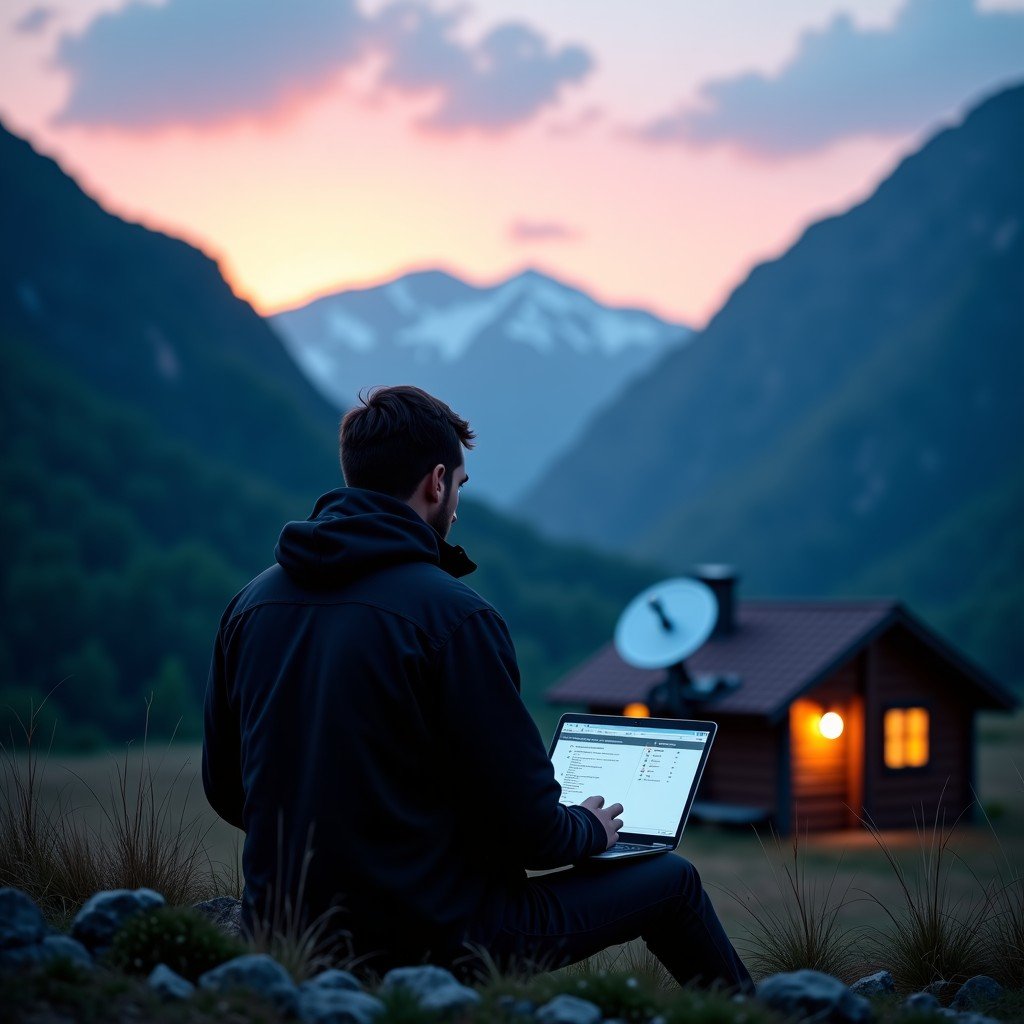 A person using a high-tech laptop and satellite receiver outside a remote cabin in a beautiful mountain landscape, 4:3