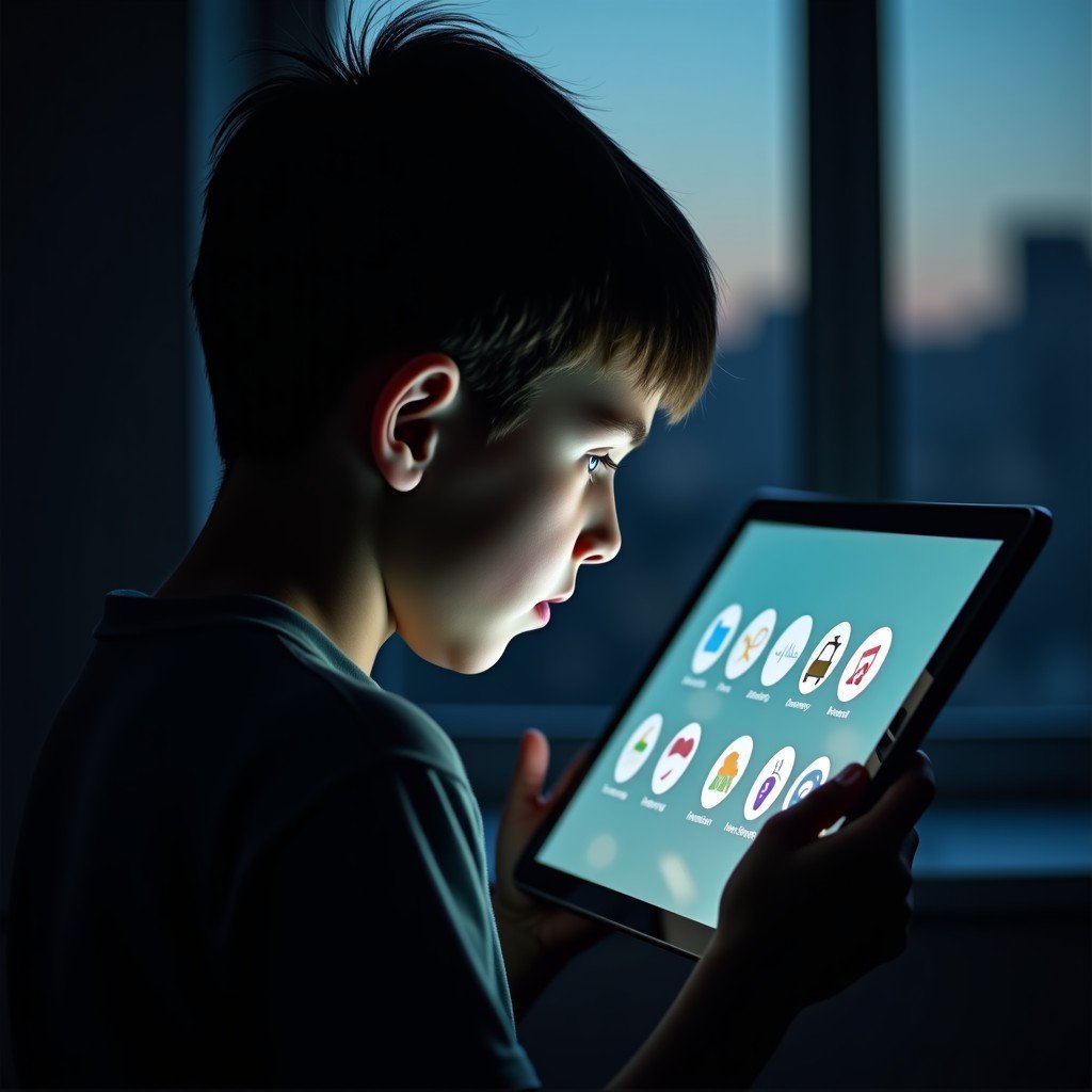 A silhouette of a young person using a tablet in a dimly lit room, glowing screen reflecting on the face, symbolic digital safety icons around the tablet, 4:3