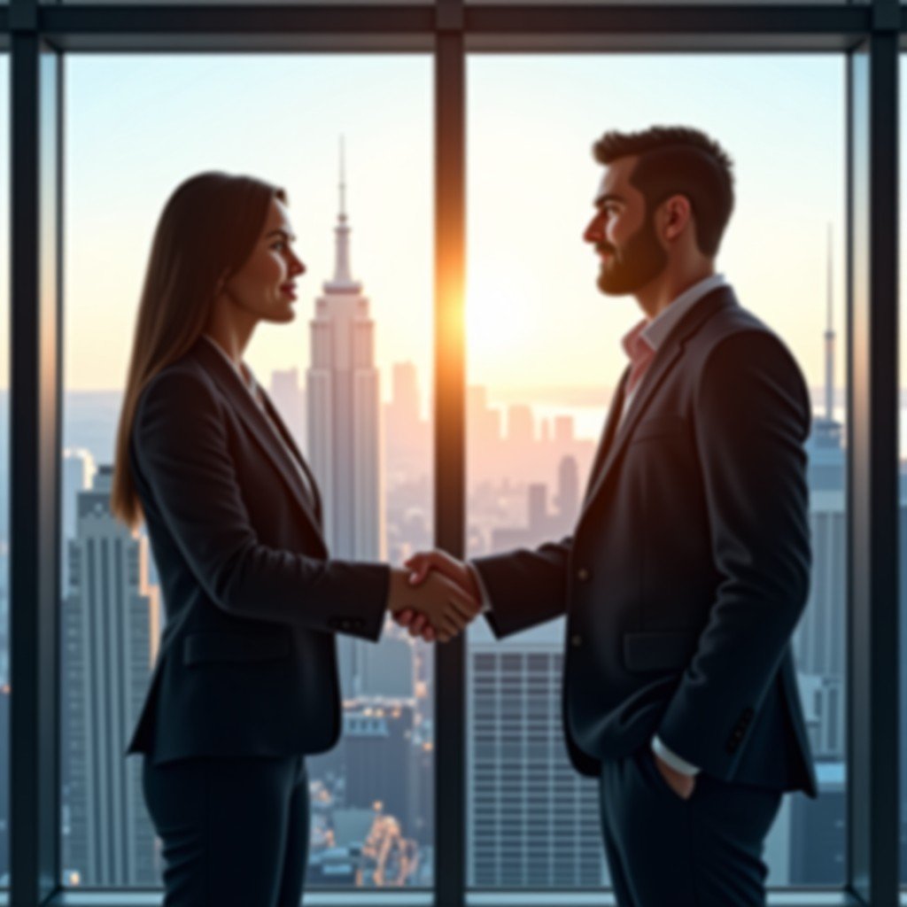 A professional individual shaking hands with a partner in a modern high-rise office with a cityscape background. Success and partnership theme, detailed composition, cinematic lighting, 4:3.