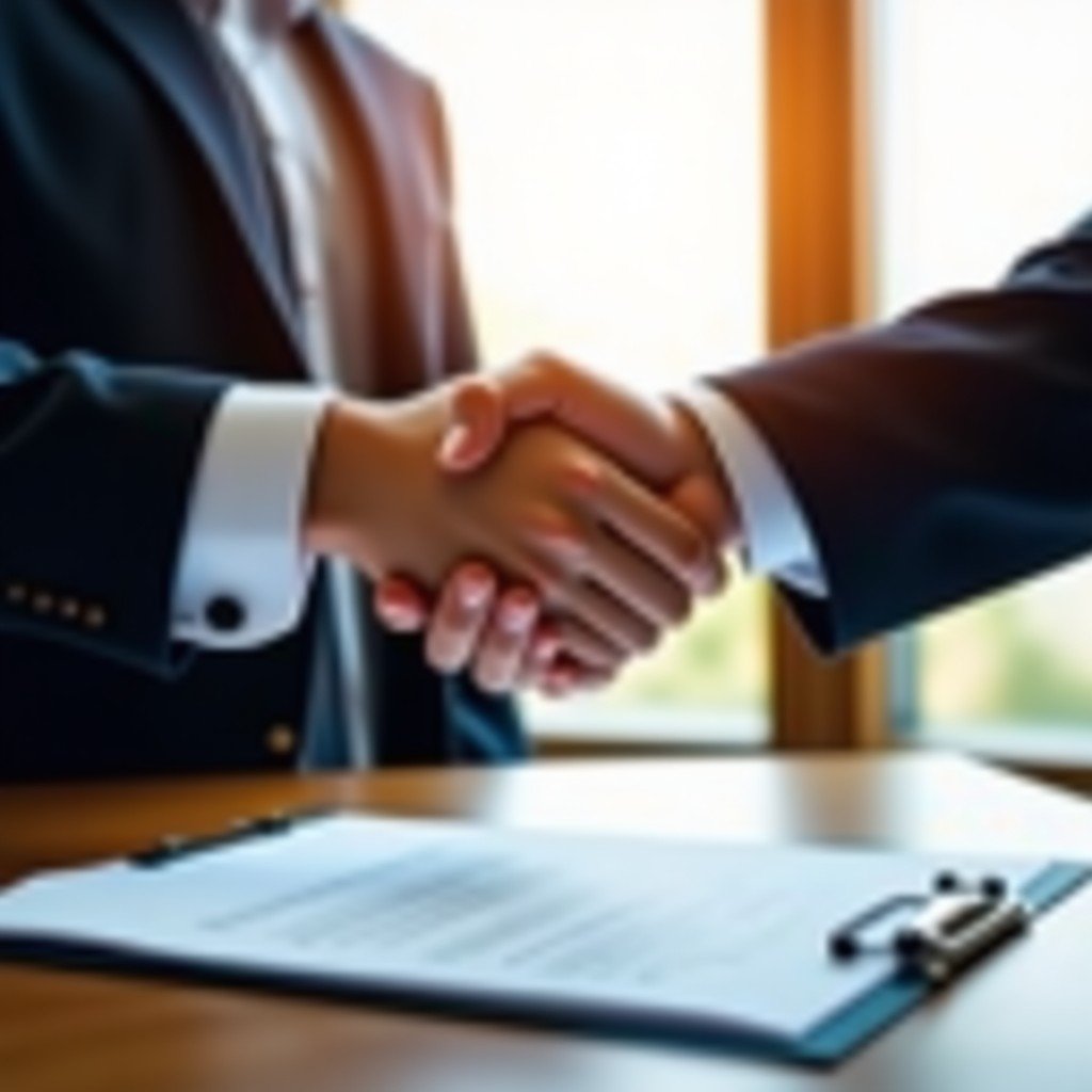 Close up of two people in business suits shaking hands over a formal agreement document. Warm and professional atmosphere, focused composition. 4:3