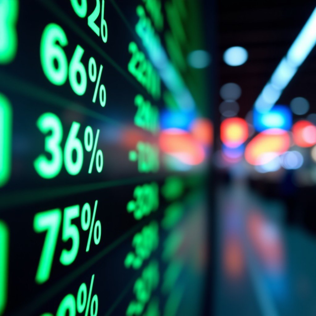 A digital financial display showing oil price tickers in green and red, blurry stock market floor background, high-tech aesthetic, vibrant colors, 4:3