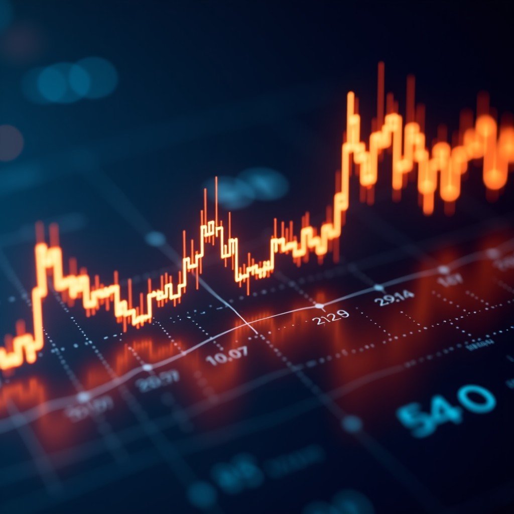 Abstract representation of financial market trends, glowing stock market candles and line graphs on a dark background, professional and high contrast, 4:3