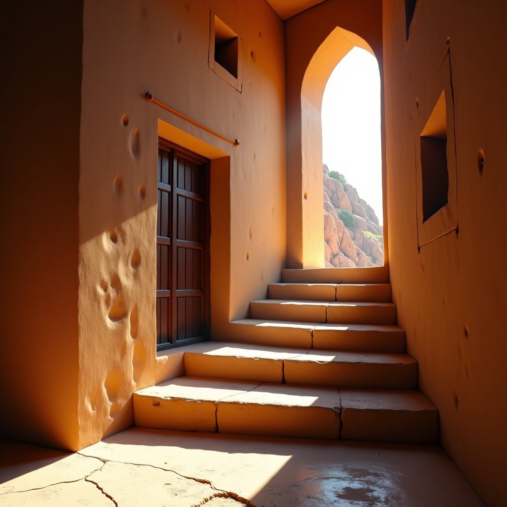 The interior of Bahla Fort featuring narrow mud stairs and ancient arched doorways, sunlight streaming through small windows, historical atmosphere, 4:3