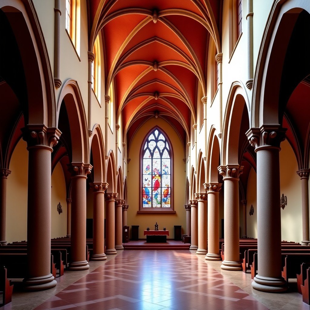 The interior of Avila Cathedral featuring gothic arches made of red and white spotted stone and colorful stained glass windows. High contrast, atmospheric lighting, high quality, 4:3