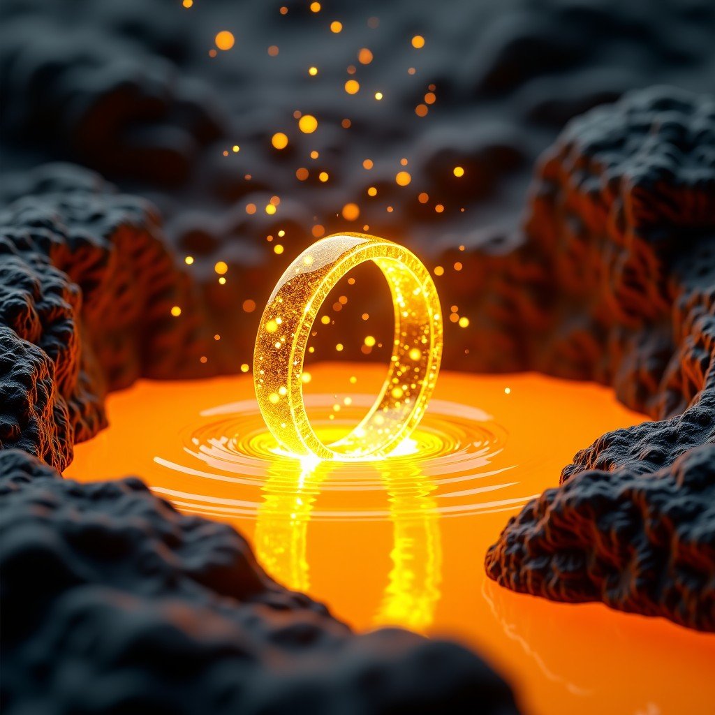 The One Ring falling into liquid gold lava, sparks flying, intense heat distortion, dark volcanic rocks in background, 1:1