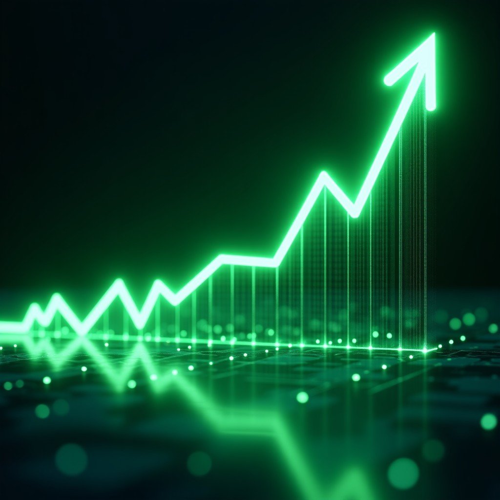 A glowing digital stock market chart showing a strong upward trend with green lines and data points, set against a dark tech-inspired background, 4:3