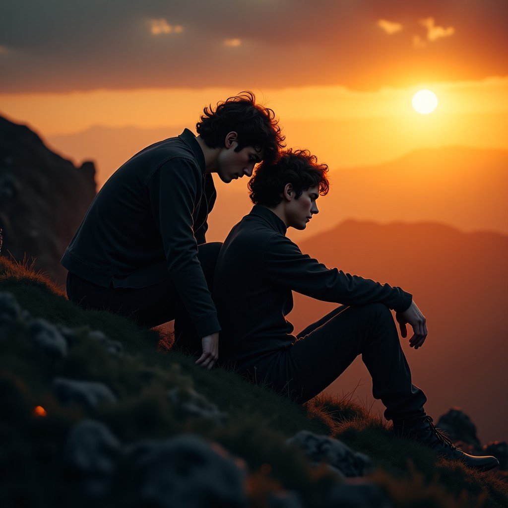 Frodo and Samwise Gamgee leaning on each other exhausted on a dark rocky slope, embers in the air, sunset glow in the distance, cinematic photography, 4:3