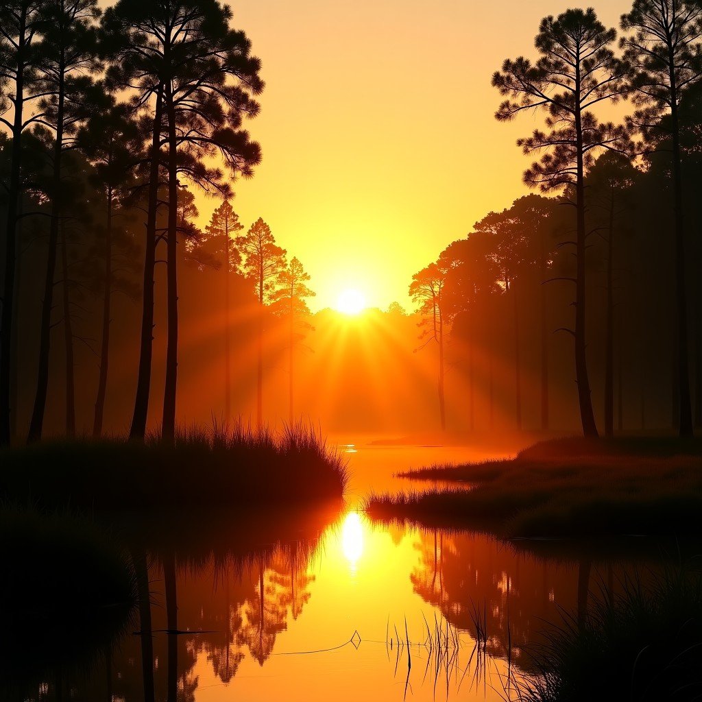 A golden sunset over the wetlands and forests of Assam, silhouettes of tall trees and water bodies, tranquil and warm lighting, lifestyle photography, 4:3