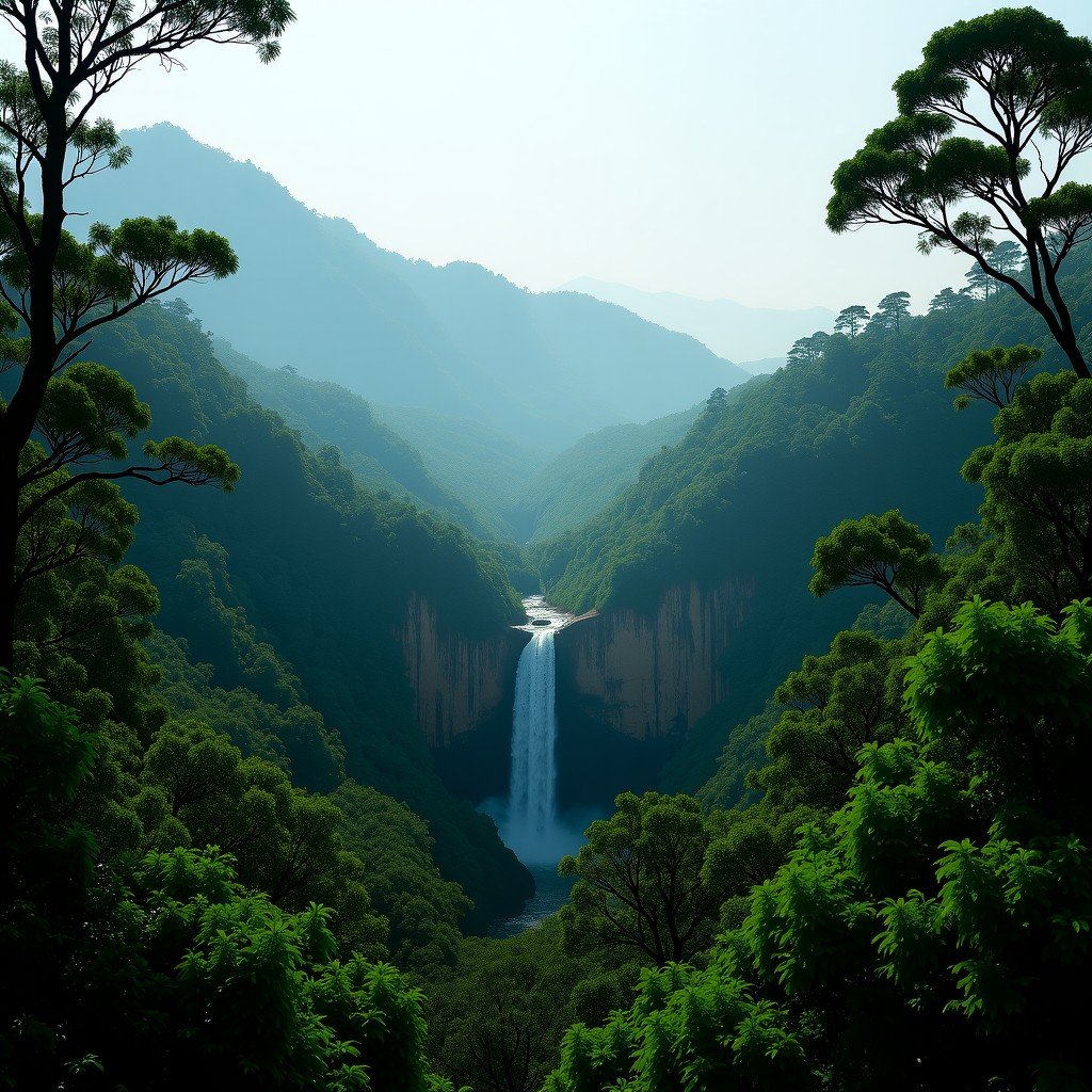 A wide-angle panoramic view of the Gondwana Rainforests in Australia, showing dense green canopy, misty mountains, and a cascading waterfall in the distance, high contrast, vibrant green tones, 4:3
