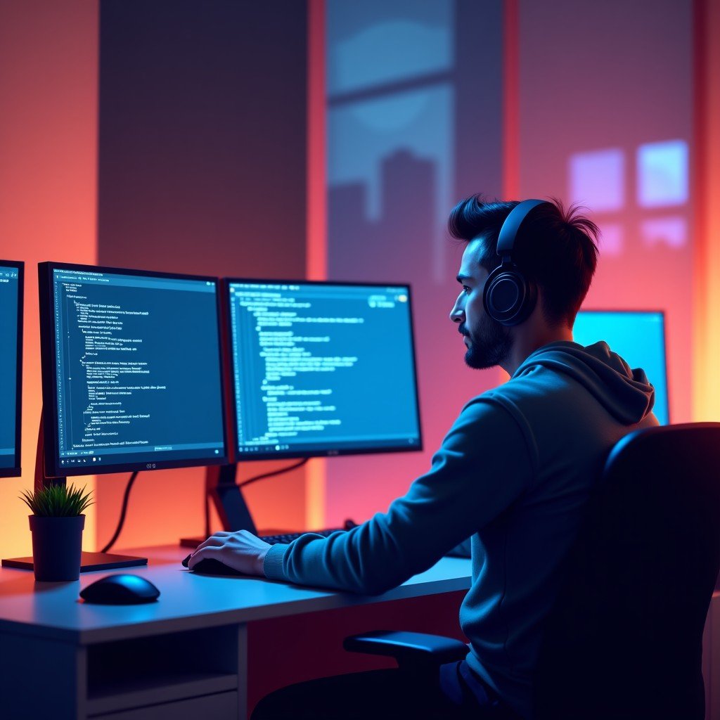 A creative software developer working at a modern workstation with multiple monitors, coding complex AI agent architectures, warm ambient lighting, 4:3