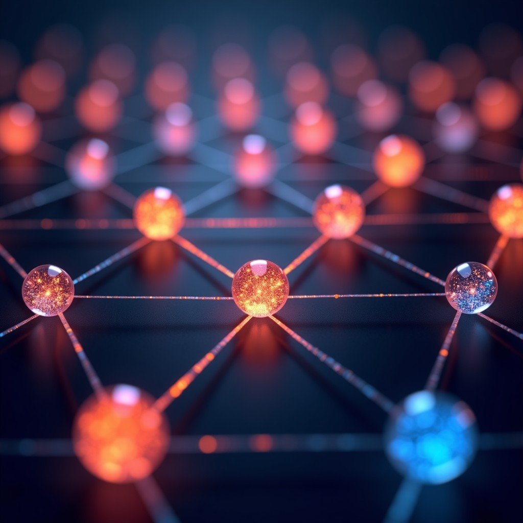 A futuristic visualization of chemical elements glowing and connecting in a complex network, high contrast background, 4:3