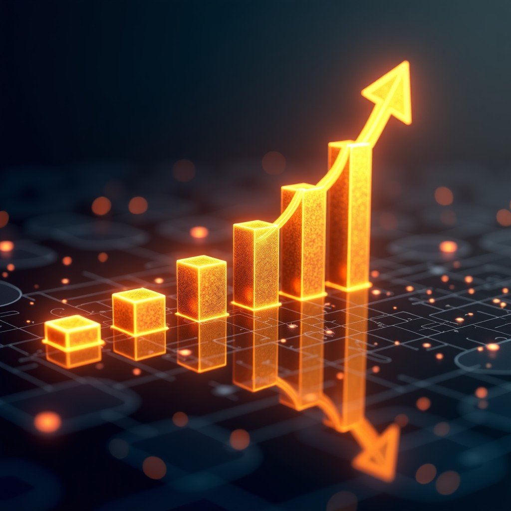 A digital stock market chart showing downward trends for software stocks and a rising golden logo of Anthropic, professional financial aesthetic, holographic overlays, 4:3