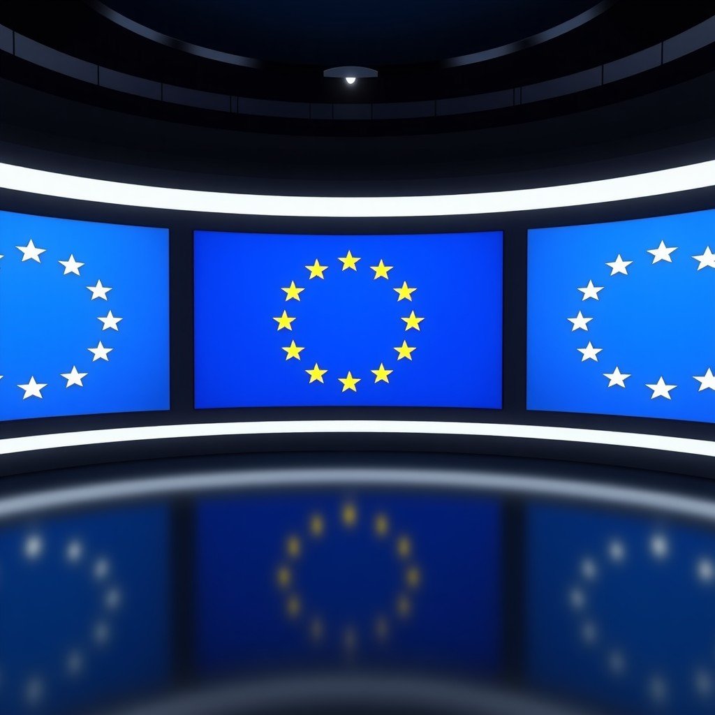 A professional newsroom setting with the European Union flag and the Meta logo displayed on digital screens in the background. High contrast and modern layout, 4:3.