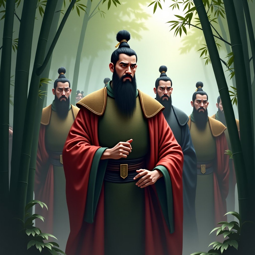 A realistic painting of famous ancient Chinese generals looking distressed and conflicted in a bamboo forest, misty atmosphere, emotional expressions, highly detailed armor and silk robes, 1:1