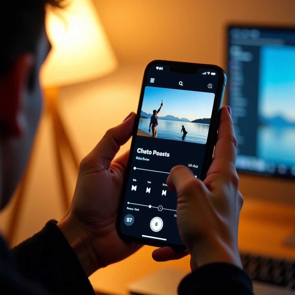 Close-up of a person hands holding a smartphone, editing a vertical short-form video. The screen shows a video timeline with an added AI-generated music track. The background is a cozy, slightly blurred home office setting with soft ambient lighting. No text. 4:3