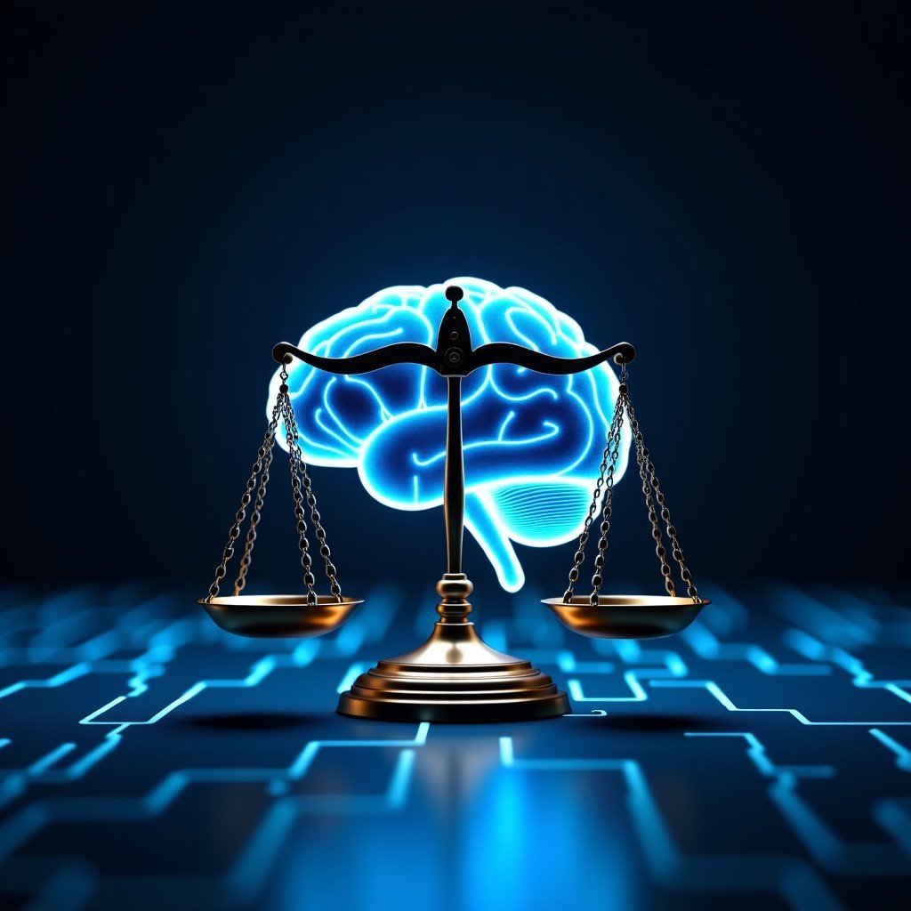 A conceptual image of a glowing digital brain and a balanced scale on a dark background with blue glowing lines, symbolizing the balance between technology and ethics, artistic rendering, high contrast, 4:3
