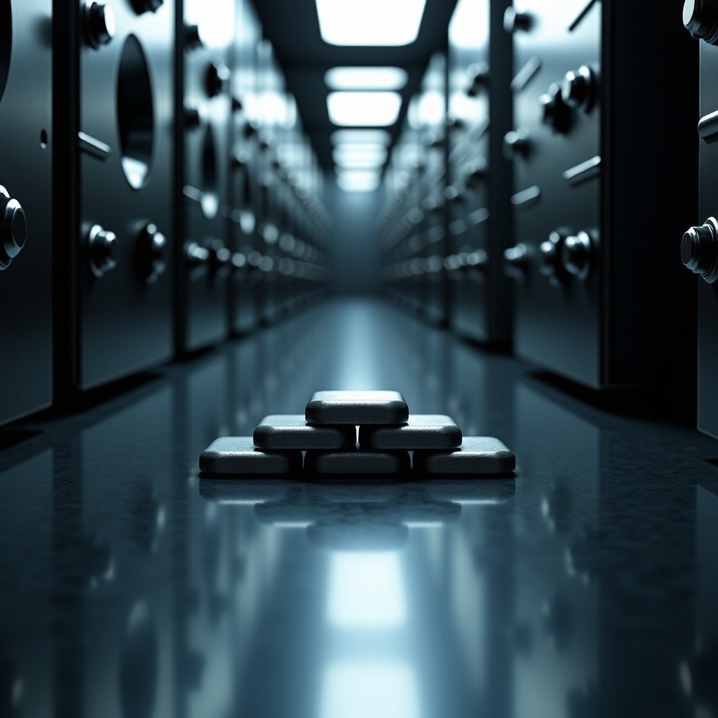 Stacked silver bars in a high-security vault, professional lighting, metallic texture, cinematic composition, depth of field, 1:1