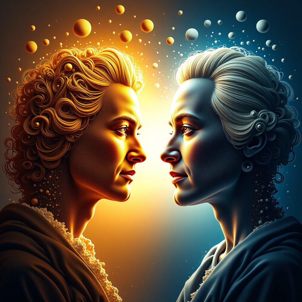 A conceptual illustration showing two different musical worlds colliding. One side features golden baroque spirals and complex gears representing Bach, the other side features vibrant, elegant light rays representing Mozart. High contrast, artistic and abstract rendering. 4:3