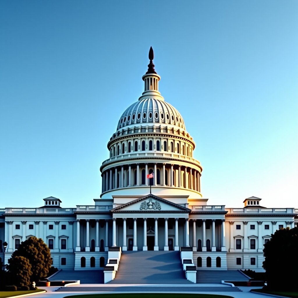 The United States Capitol building under a clear blue sky with a focus on its architectural details. Representative of political discourse and bipartisan action. High quality cinematic shot. 1:1