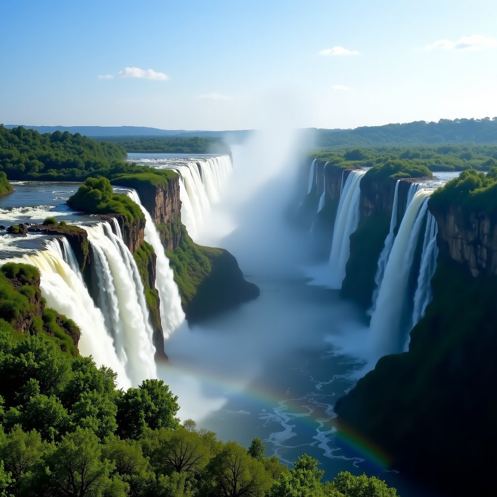 A majestic panoramic view of Iguaçu Falls from the Brazilian side, showing numerous waterfalls cascading into a deep canyon, lush green subtropical rainforest surrounding the area, a faint rainbow appearing in the mist, bright daylight, cinematic landscape photography, 4:3