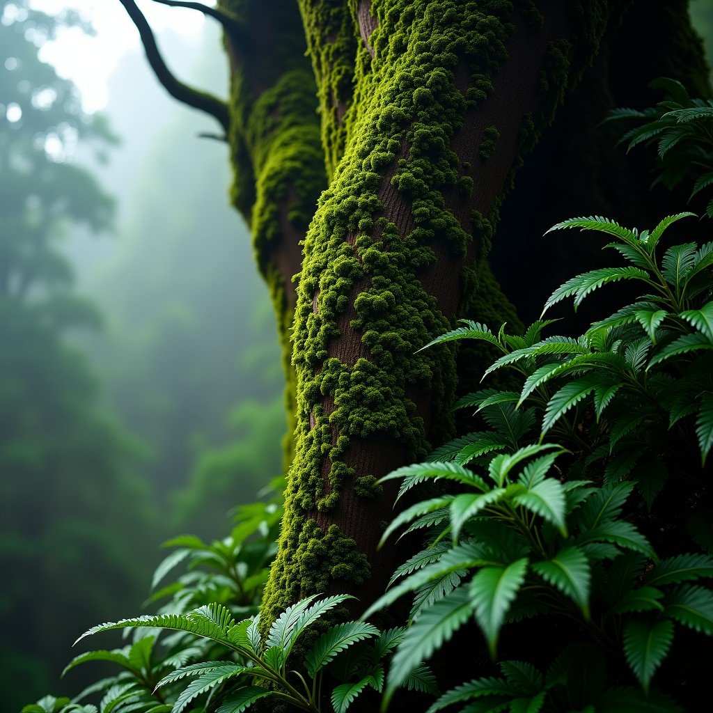 Close-up of an ancient Antarctic Beech tree trunk covered in thick green moss and ferns in a misty rainforest, soft natural lighting, detailed texture, 4:3