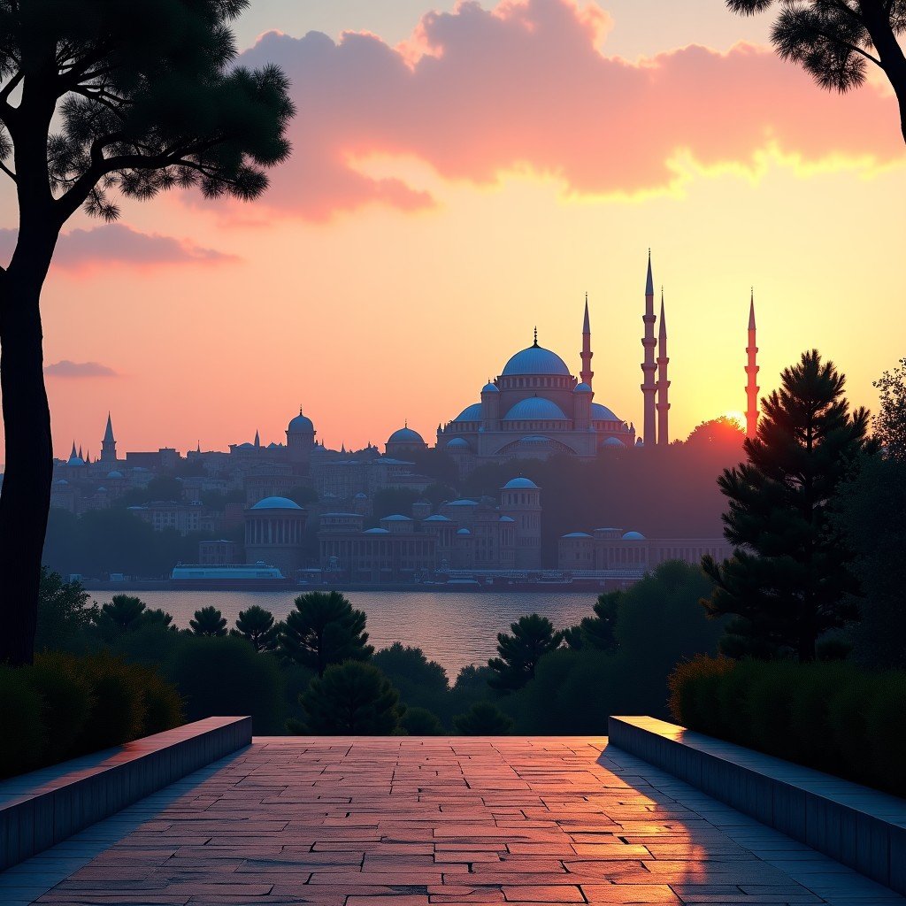 A panoramic view of the Sultanahmet District in Istanbul featuring the silhouettes of Hagia Sophia and the Blue Mosque under a soft sunset sky with historic stone pavements and gardens. Artistic rendering, textured background, high quality, 4:3