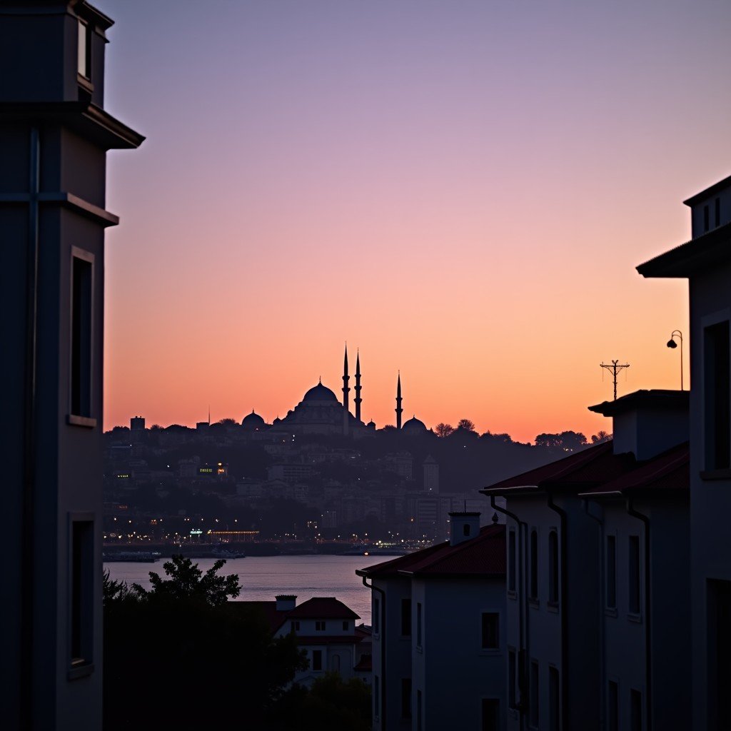 A peaceful evening scene in Istanbul with a view of historical buildings and distant silhouettes of minarets under a purple sky. Lifestyle photography, warm lighting, 4:3