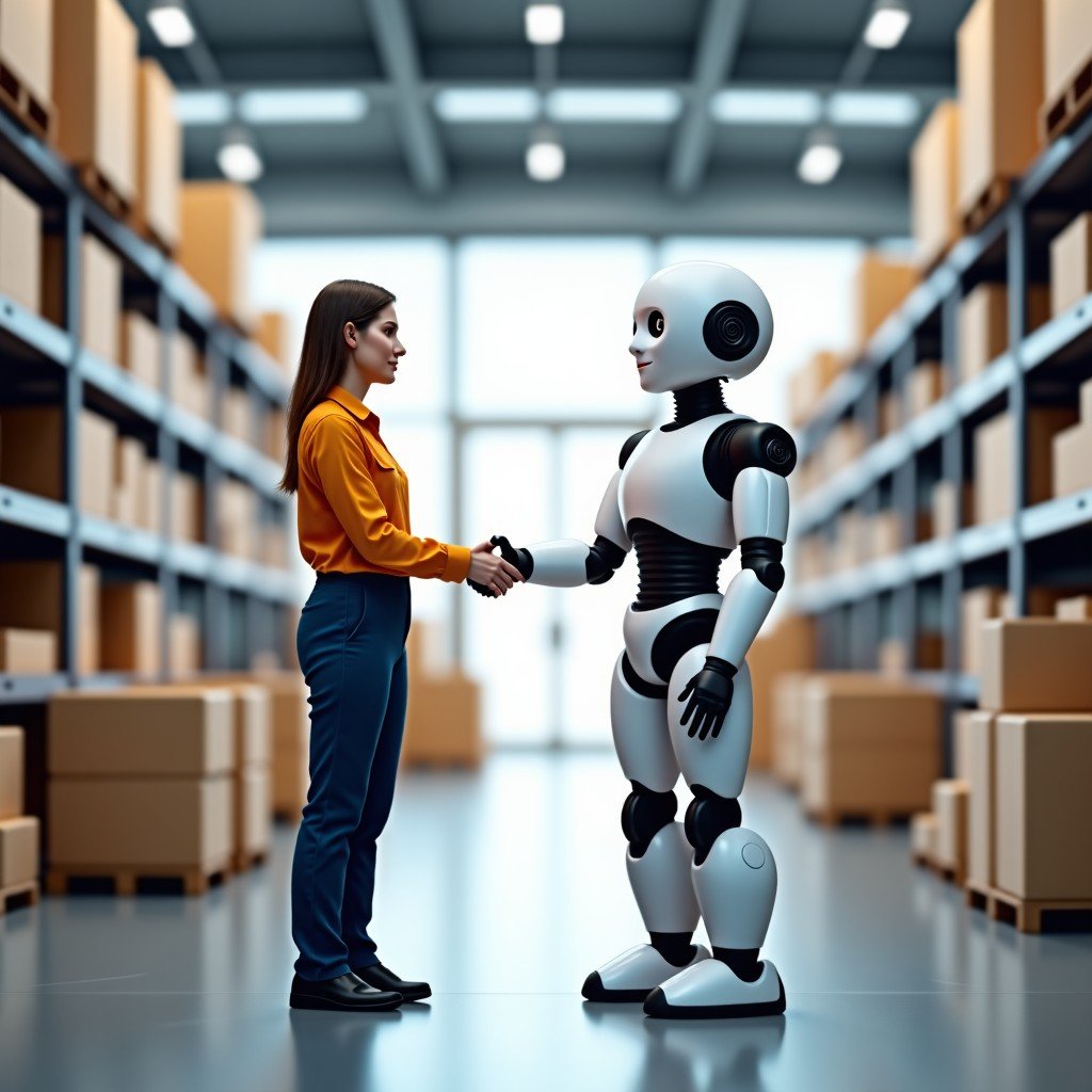 A friendly humanoid robot assisting a human worker in a bright, modern logistics center, natural interaction, high-tech vibe, 4:3