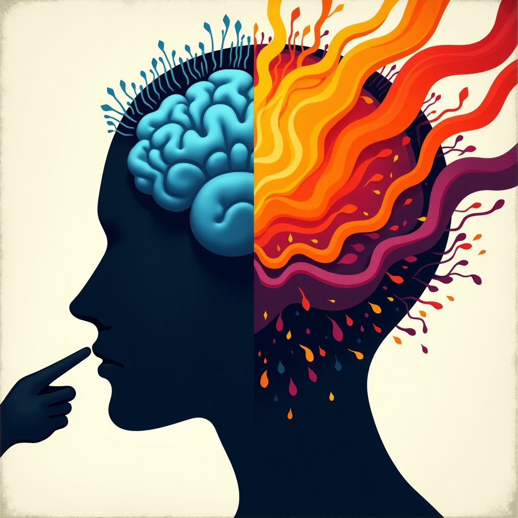 A split composition showing a digital brain pattern blending into colorful artistic brushstrokes. A hand is pointing at a screen where a complex design is being refined. Artistic rendering with textured background. 4:3