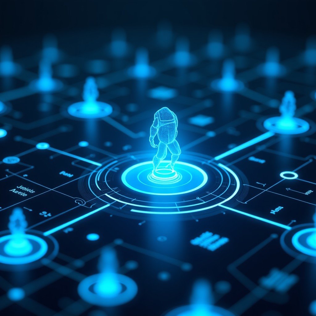 A futuristic digital interface showing an AI assistant interacting with customer data, glowing blue lines, clean UI design, professional tech aesthetic, 4:3