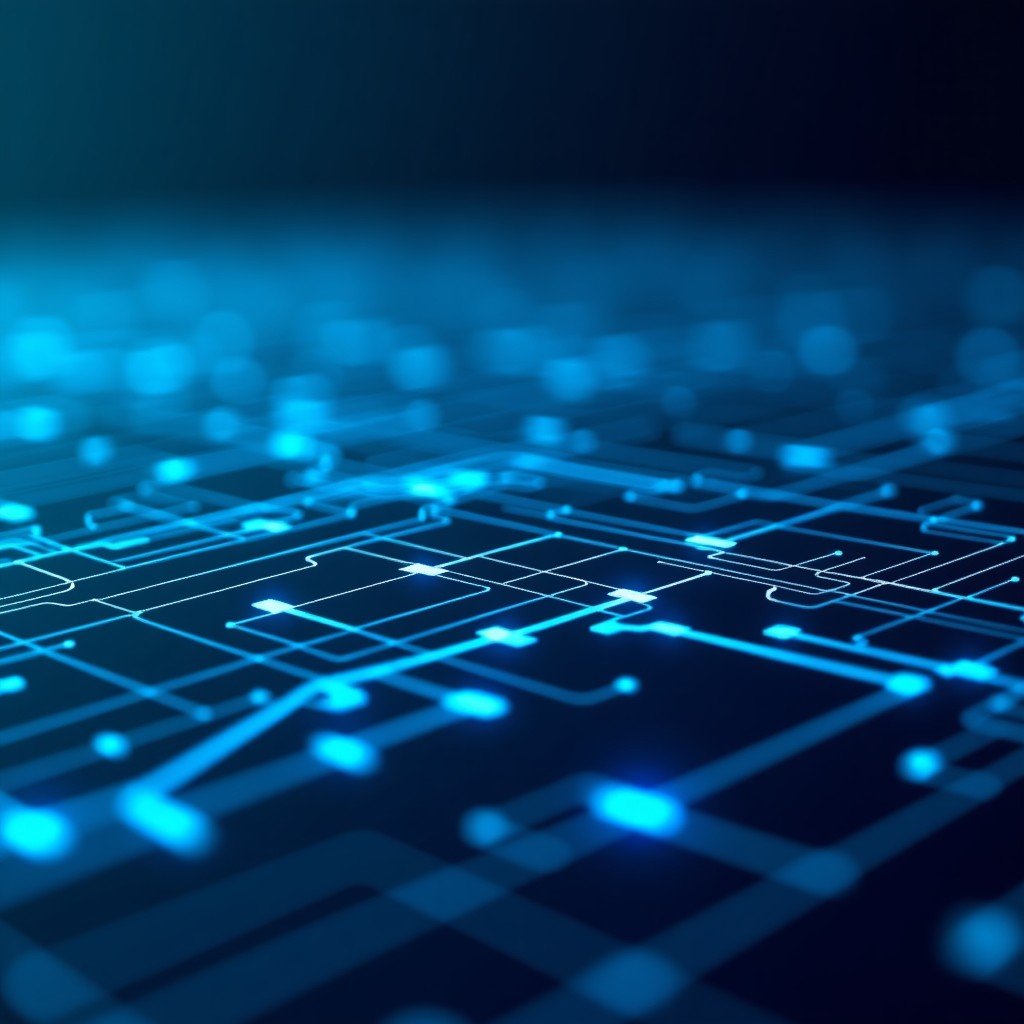 A futuristic digital interface showing an AI model analyzing complex software code lines for security vulnerabilities, glowing blue lines, high-tech cybersecurity theme, no text, 4:3