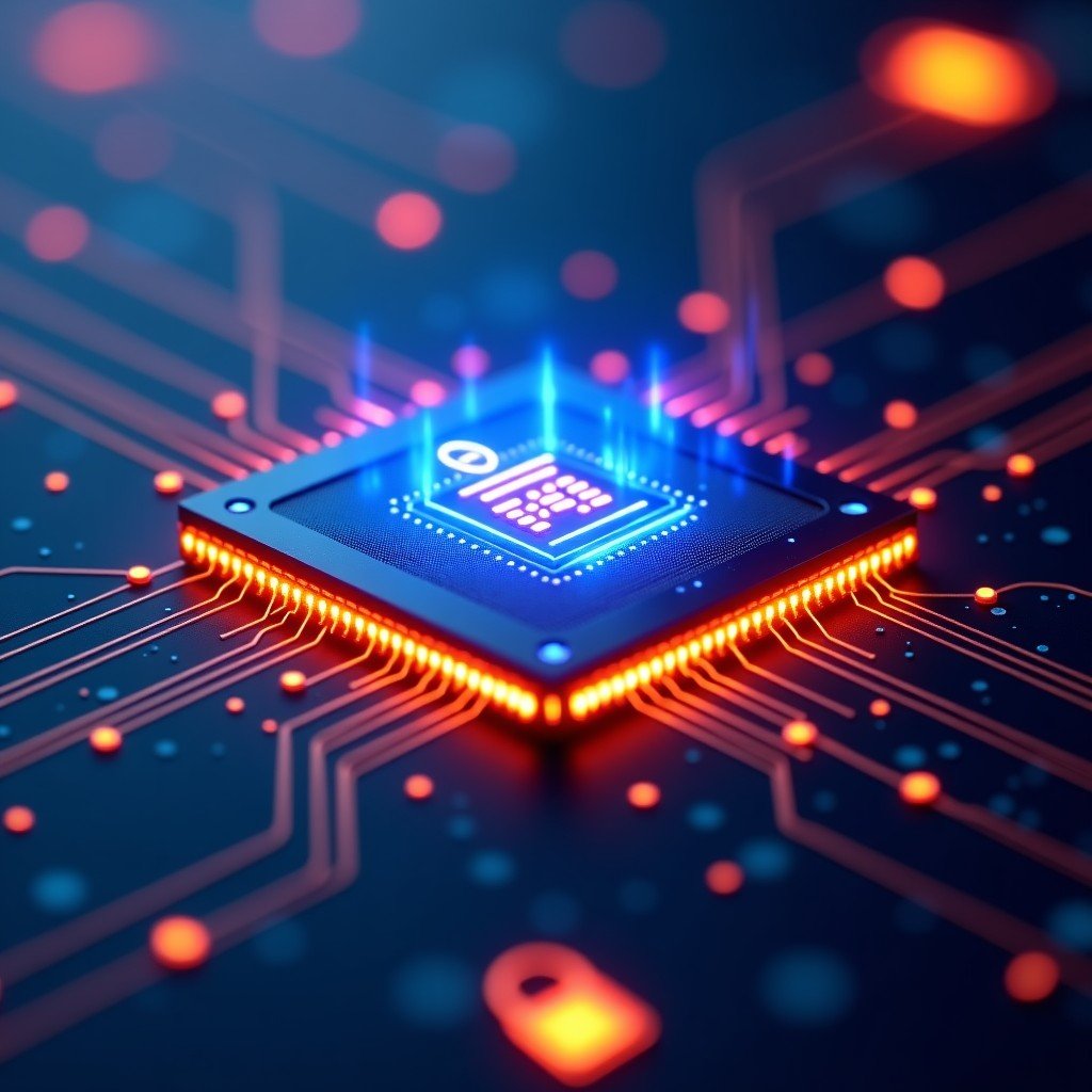 Close-up of a sophisticated AI processor chip glowing with circuit patterns surrounded by digital shields and locks representing cybersecurity, high contrast, 4:3