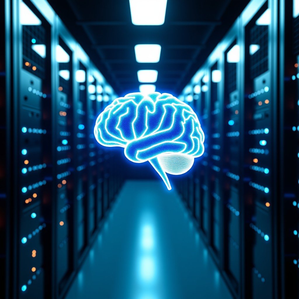A detailed view of a futuristic data center with glowing fiber optic cables and server racks. A digital brain or neural network pattern overlays the hardware, glowing with a soft white light. The environment looks secure and highly advanced. 4:3