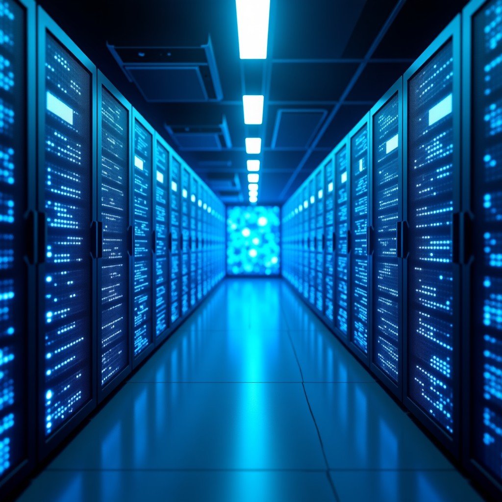 Glowing blue neural network patterns overlaying a high-tech server room with cooling fans and hardware, symbolizing AI infrastructure, futuristic and clean infographic style, 1:1