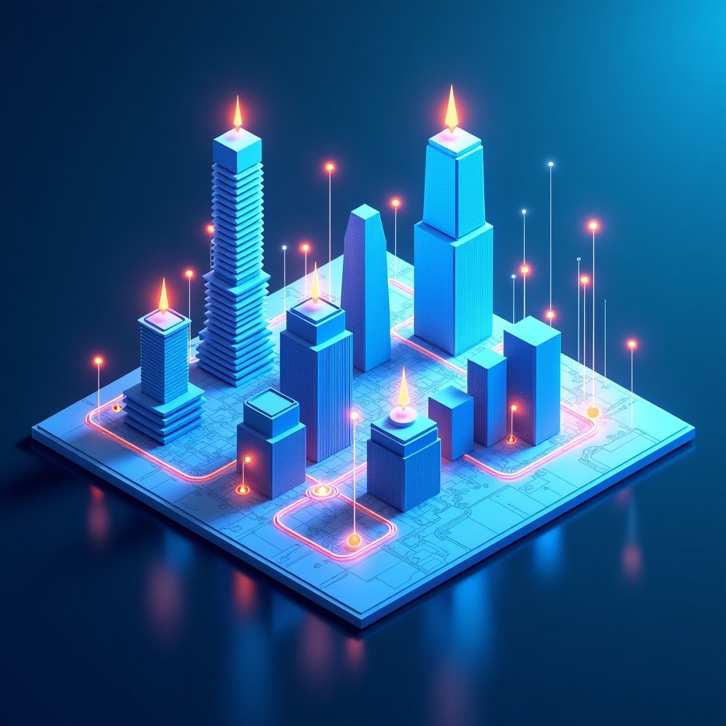 A conceptual illustration showing digital data streams and AI icons integrated with architectural blueprints and building models. Modern and high-tech style. 4:3