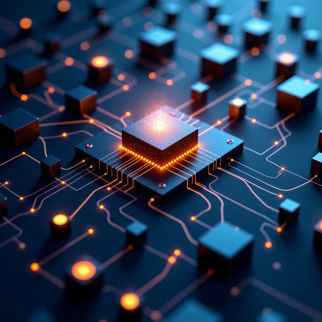 A high-tech digital visualization representing the synergy between artificial intelligence and software data systems. Glowing neural networks intertwined with solid data blocks in a modern dark blue and gold color scheme. Professional and sophisticated atmosphere. 4:3