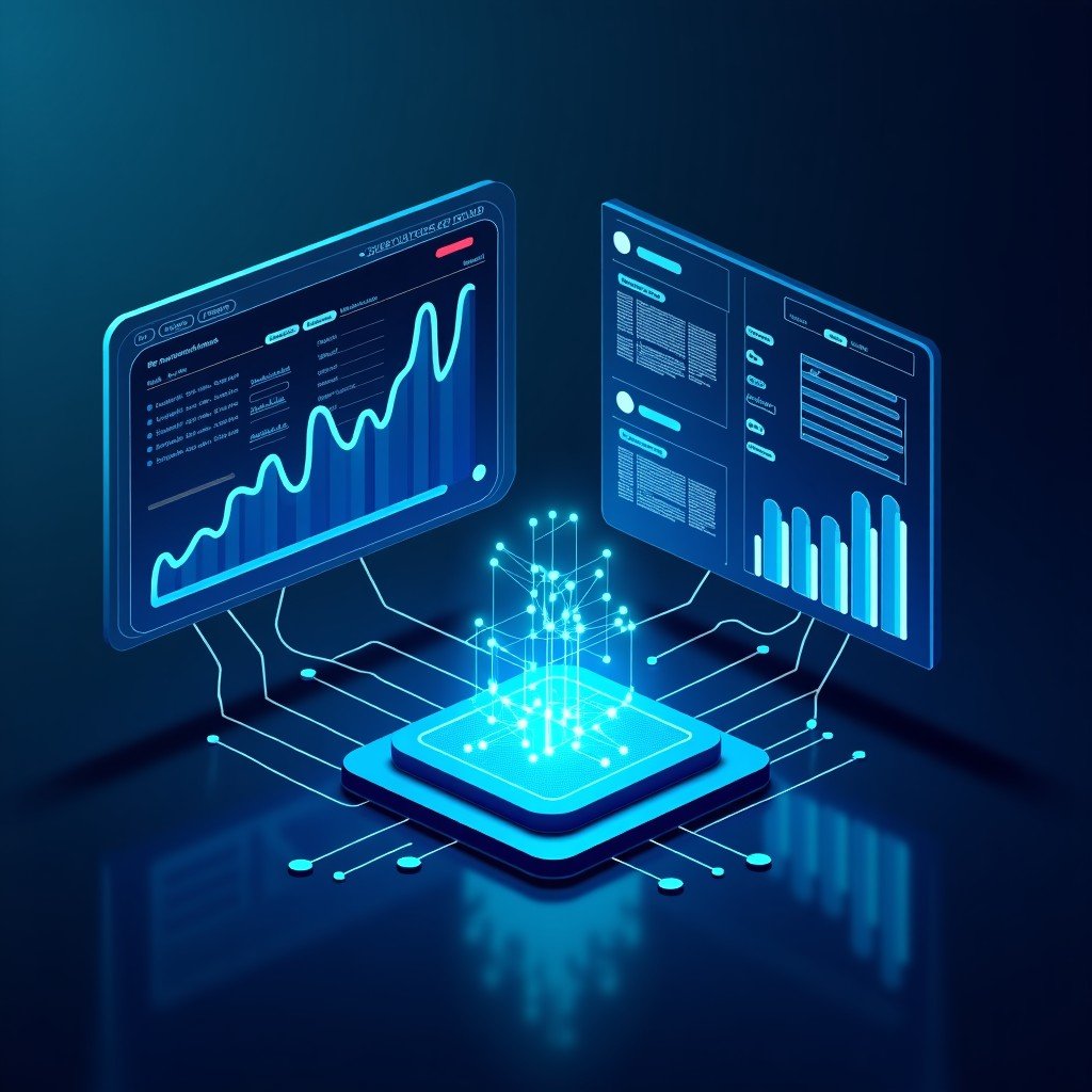 Abstract representation of artificial intelligence neural networks integrating with a digital project management dashboard, sleek and futuristic tech style, 4:3