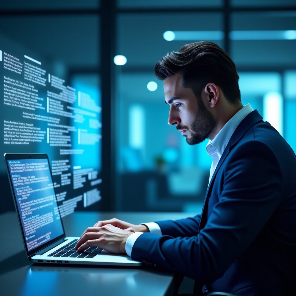 A futuristic office concept where a professional is looking at a laptop with holographic AI code symbols floating around in a high tech setting. 4:3